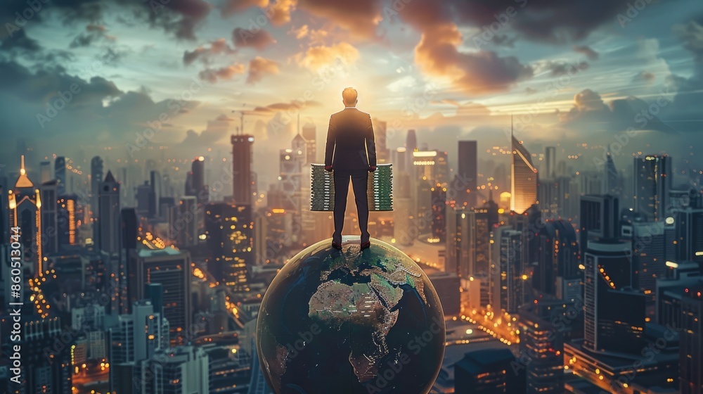 Poster a person standing confidently on top of a globe, holding stacks of money, with a luxurious cityscape