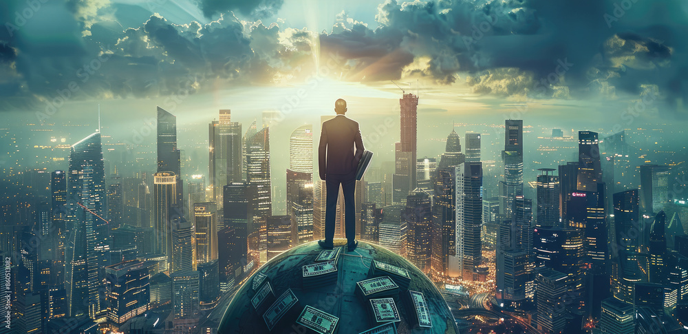 Poster a person standing confidently on top of a globe, holding stacks of money, with a luxurious cityscape