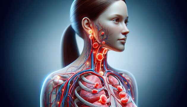 Close-up of Caucasian woman's lymphatic system with vessels and nodes in neck and shoulders anatomical medical study