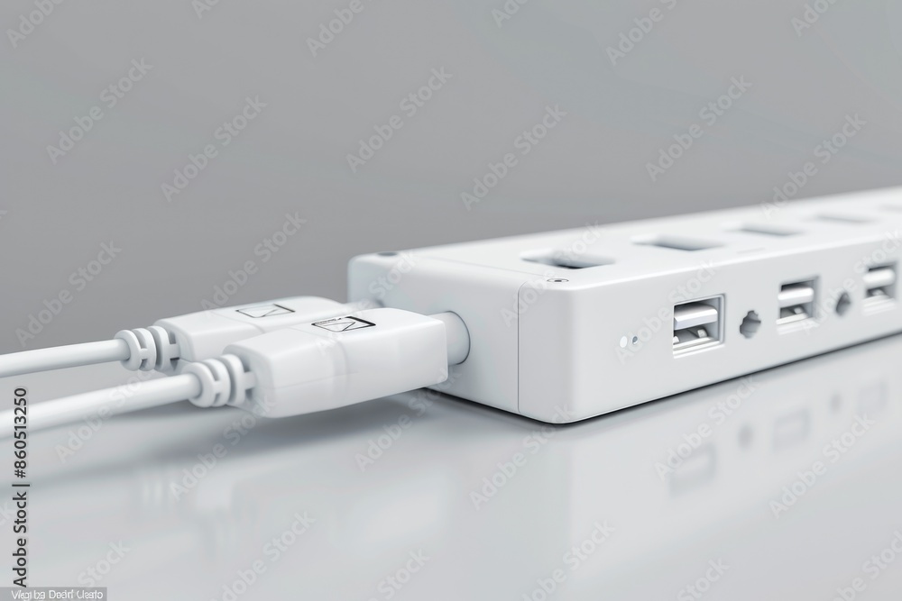 Poster a close-up shot of a power strip connected to a computer, suitable for use in technology or office s