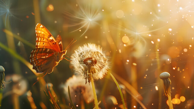 Fototapeta Dandelion and butterfly closeup with seeds blowing away in the wind Pale Retro toning : Generative AI