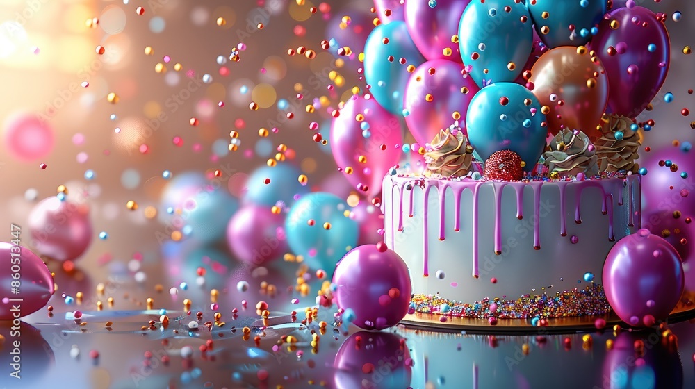Poster a bright and cheerful card with festive balloons and a cake, leaving space for a personal message. g