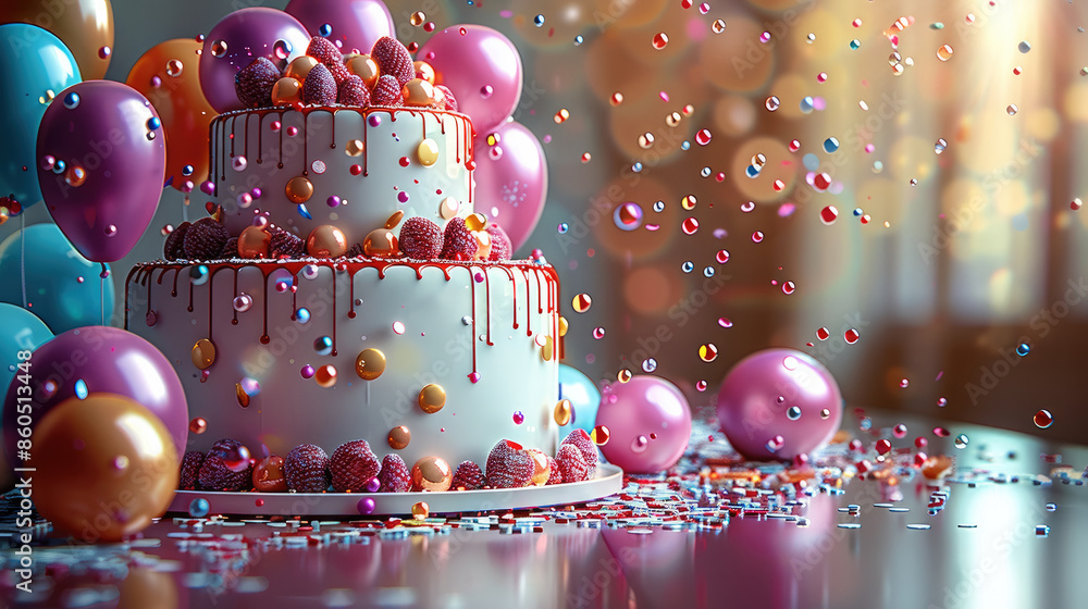 Poster a bright and cheerful card with festive balloons and a cake, leaving space for a personal message. g