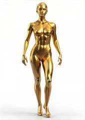 Golden Female Figure Walking on White Background. Generative AI