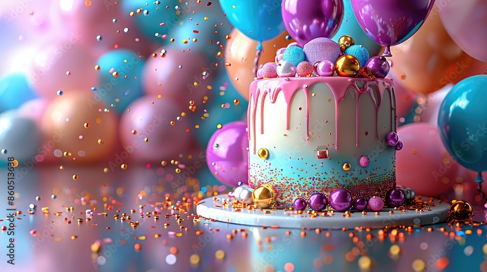 Poster a bright and cheerful card with festive balloons and a cake, leaving space for a personal message. g