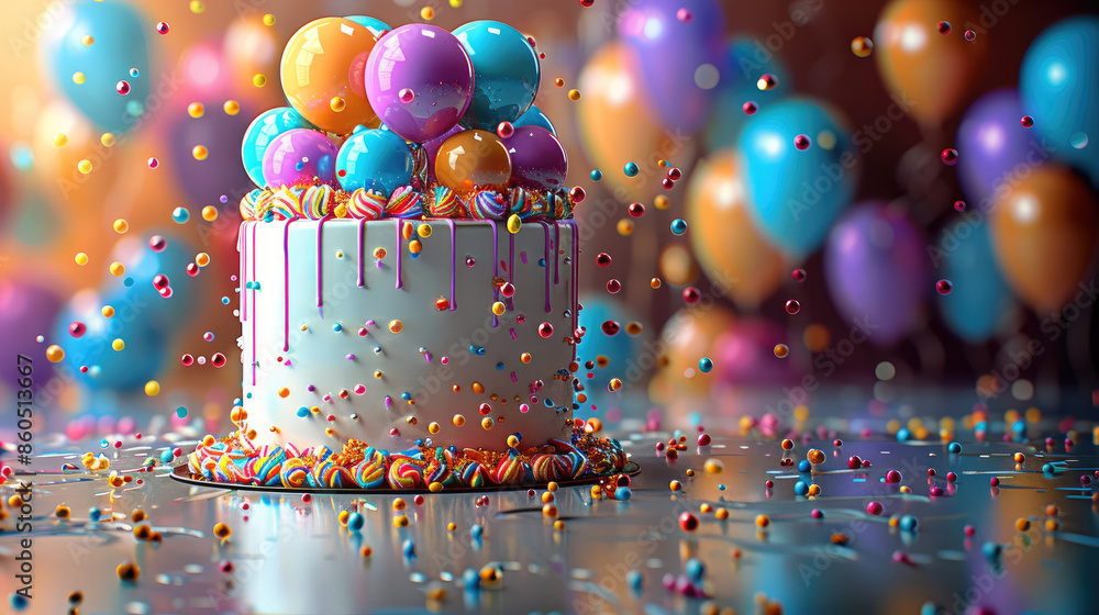 Poster a bright and cheerful card with festive balloons and a cake, leaving space for a personal message. g