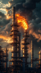 Fototapeta premium gas flaring from a refinery stack, captured in a hyper-realistic scene that highlights its role in clean energy production
