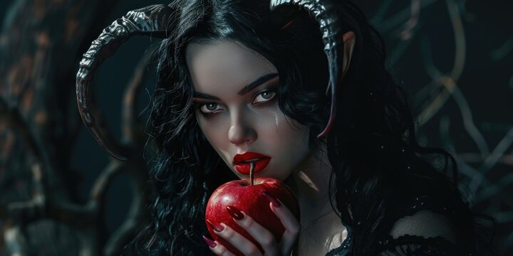 A woman wearing horns and holding a bright red apple, possibly for a costume or Halloween scene - Powered by Adobe