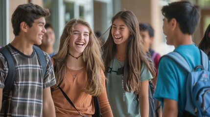 Fototapeta premium A group of students laughing and chatting as they walk out of a school building
