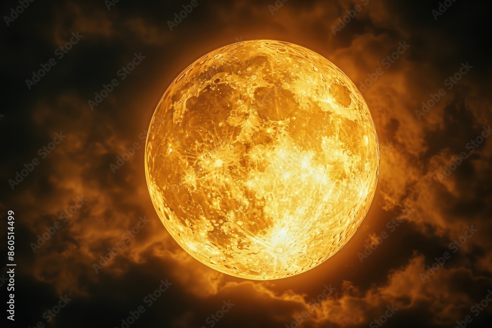 Poster a bright yellow full moon shines through a layer of clouds, creating a beautiful celestial scene