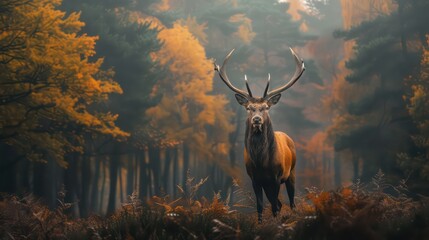 A majestic stag with antlers that blend into the towering trees of a misty forest