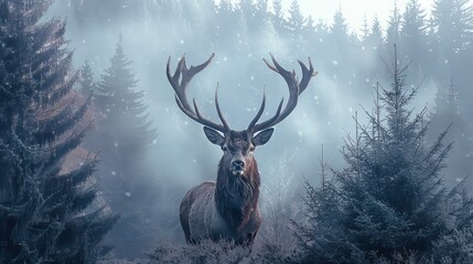 A majestic stag with antlers that blend into the towering trees of a misty forest