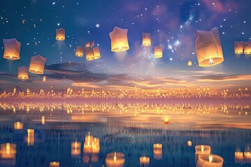Obraz premium Magical night sky filled with floating lanterns and stars, creating a serene and enchanting atmosphere with reflections in the water below.