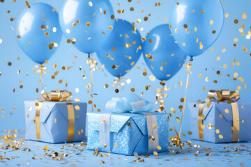 A blue banner with gift boxes, helium balloons and confetti. A baby shower poster