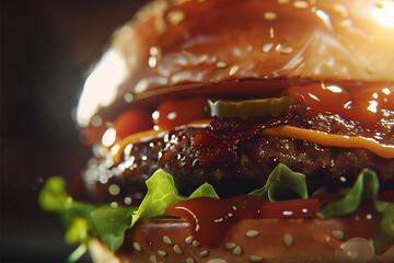 A realistic mouthwatering burger close-up in a retro style
