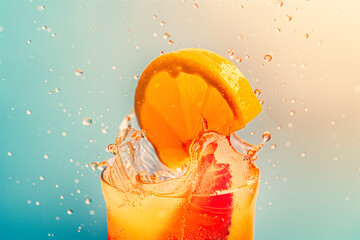 A splashing juice with a slice of orange floating in the air against a colorful background
