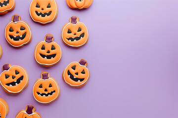 Halloween themed pumpkin cookies with scary faces on a violet background