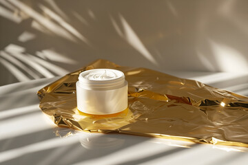 An open cream bottle on a golden foil background