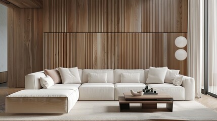 Elegant beige modular sofa set against a backdrop of wood paneling in a minimalist living space.