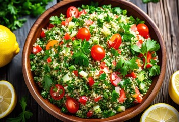 freshly made tabbouleh salad lemon wedges, ingredients, healthy, dish, parsley, tomatoes, cucumber, mint, vegan, mediterranean, appetizer, chopped