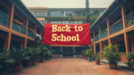 Minimalist "Back to School" text on a vibrant red banner in a lively school courtyard, with a simple and elegant font.