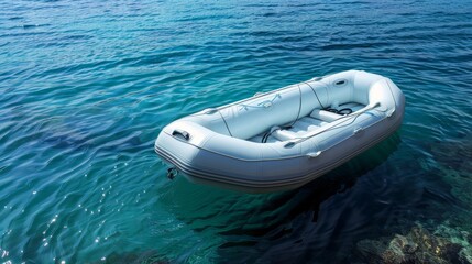 Inflatable Boat Floating on Calm Ocean Water in Sunny Weather