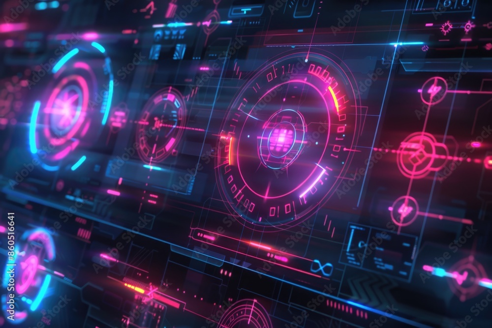 Poster a close-up of a computer screen filled with vibrant neon lights, perfect for illustrating digital te