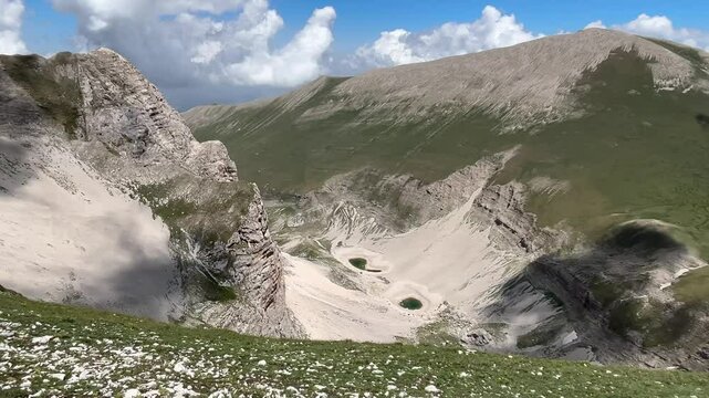 Clip of mountain landscape with high altitude lake (Pilato lake) in the National Park of the Sibillini Mountains
