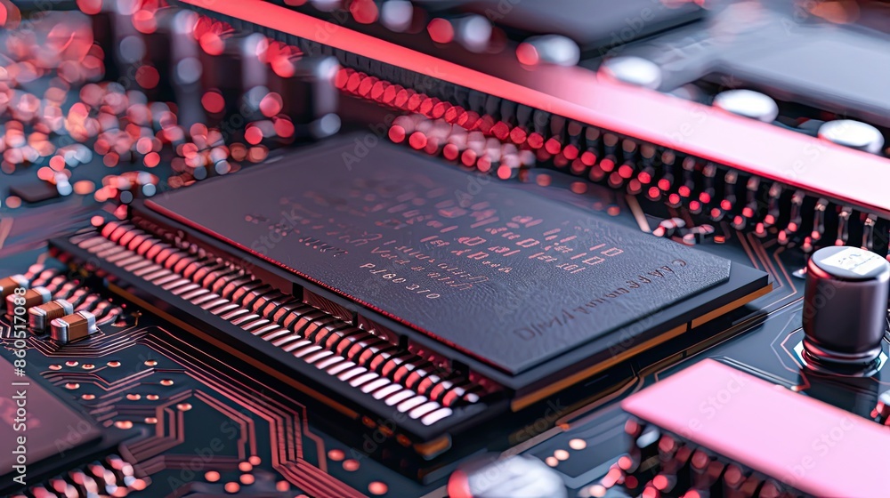 Poster close-up of a computer motherboard with electronic components and chips, highlighting intricate circ