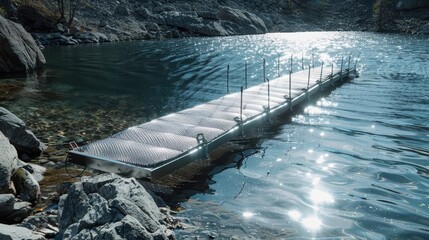 Floating Metal Dock on Rocky Shoreline of Tranquil Mountain Lake on a Sunny Day