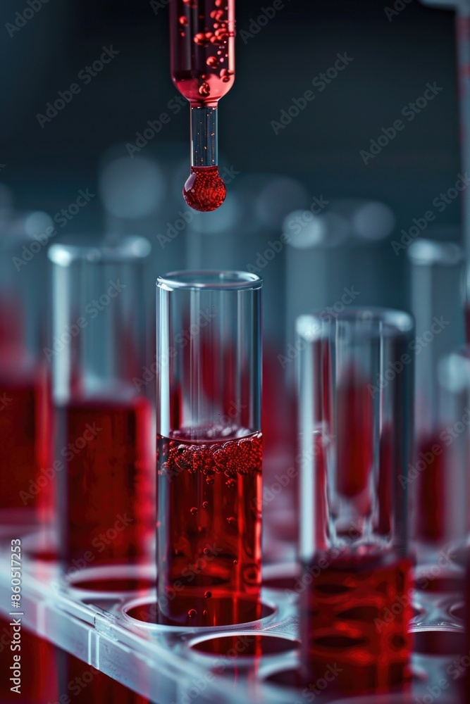 Poster a scientist pours a small amount of red liquid into a test tube in a laboratory setting
