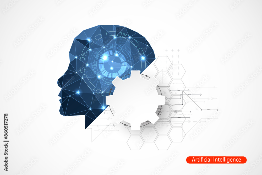 Aufkleber Artificial Intelligence. Technical background with a silhouette of a man. Big data concept. Machine cyber mind.