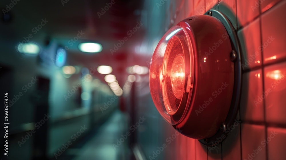 Poster a close-up view of a red light on a wall, often used as an indicator or signal