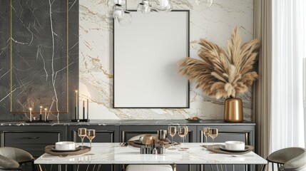 Modern dining room interior with marble wall, elegant decor, and stylish table setup. Neutral tones and sophisticated design.