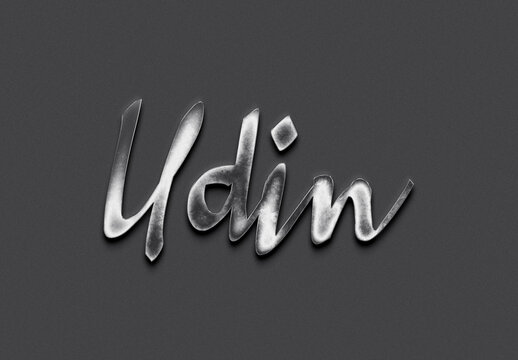 Chrome metal 3D Indonesian name design of Udin on grey background.	