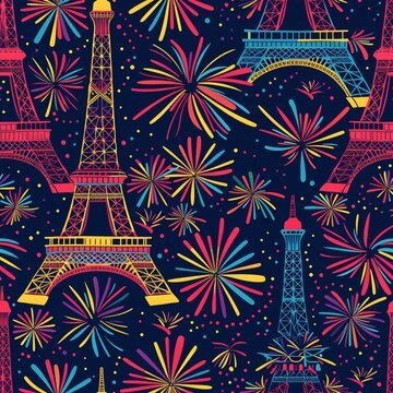 Spectacular Fireworks Show Illuminating the Eiffel Tower in a Seamless Pattern for Paris Olympics Celebration