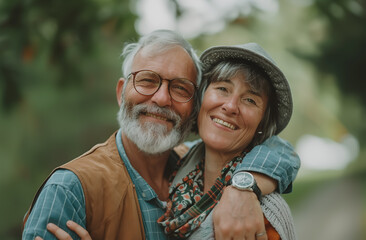 Fototapeta premium Happy senior adult mature classy couple hugging. Care and support. Pensioner and elderly people enjoying retirement together with happiness in marriage. Retro, vintage style.