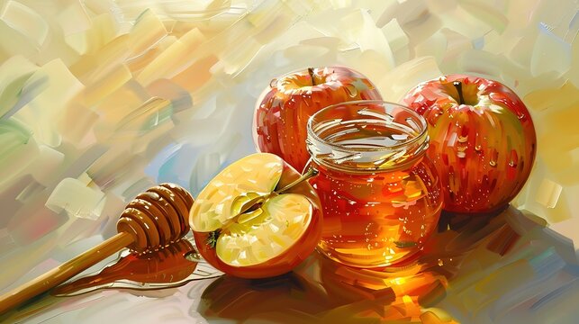 Glorious Apple and honey, kosher traditional food of jewish New Year Rosh Hashana talit and shofar