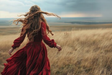 A woman walks through a green field wearing a red dress, perfect for editorial use