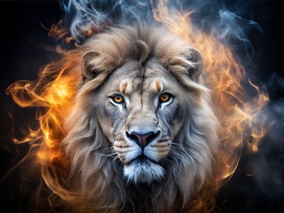 Fototapeta premium Fiery Lion Portrait With Smoke and Flames. Generative AI