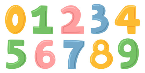 Set of cute cartoon numbers from zero to nine. Collection of numbers isolated on a white background. Vector illustration.