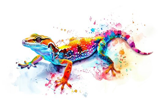 Colorful geckos depicted in watercolor style on a white background, great for illustrations and designs