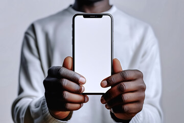 Smartphone on black man's hands holding with white screen on gray background, mockup for presentation background