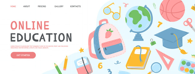 Online education landing page design with school items on the background. Vector illustration. Online education concept