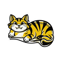 A cartoon illustration of a yellow and black striped cat with a big smile on a transparent background