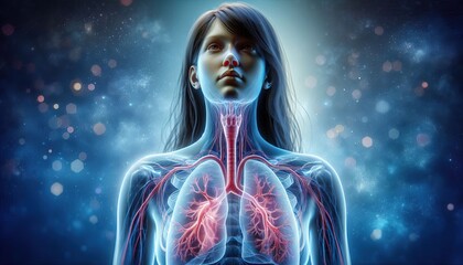 Naklejka premium Caucasian female with transparent body showing respiratory and cardiovascular systems detailed medical illustration
