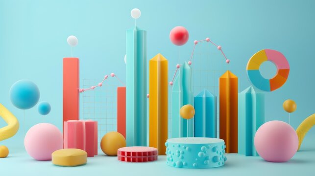 Colorful 3D Rendered Abstract Business Analytics Charts and Graphs on Blue Background