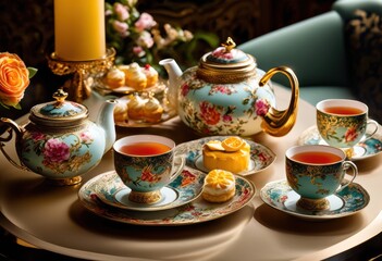 Fototapeta premium elegant tea sets paired delicate pastries charming afternoon indulgence, pastry, refined, dainty, cakes, desserts, sophisticated, sweet, treats, fancy