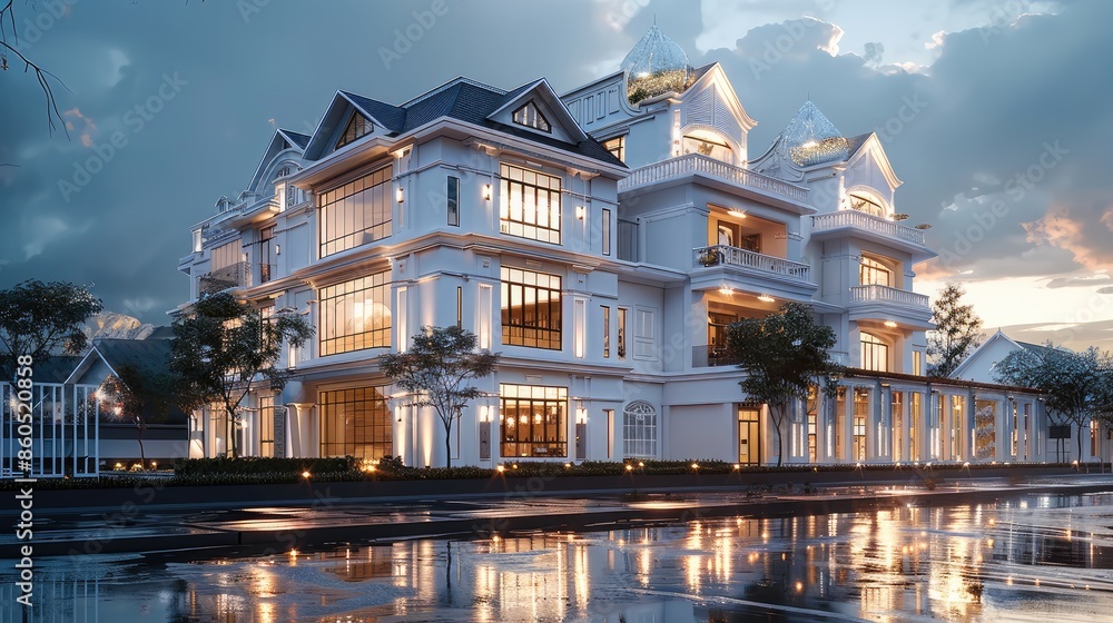 Poster enhance existing building design with lighting, maintaining original architecture, warm ambient ligh