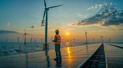 The image depicts a sunset over a wind farm with a single worker standing on a platform.